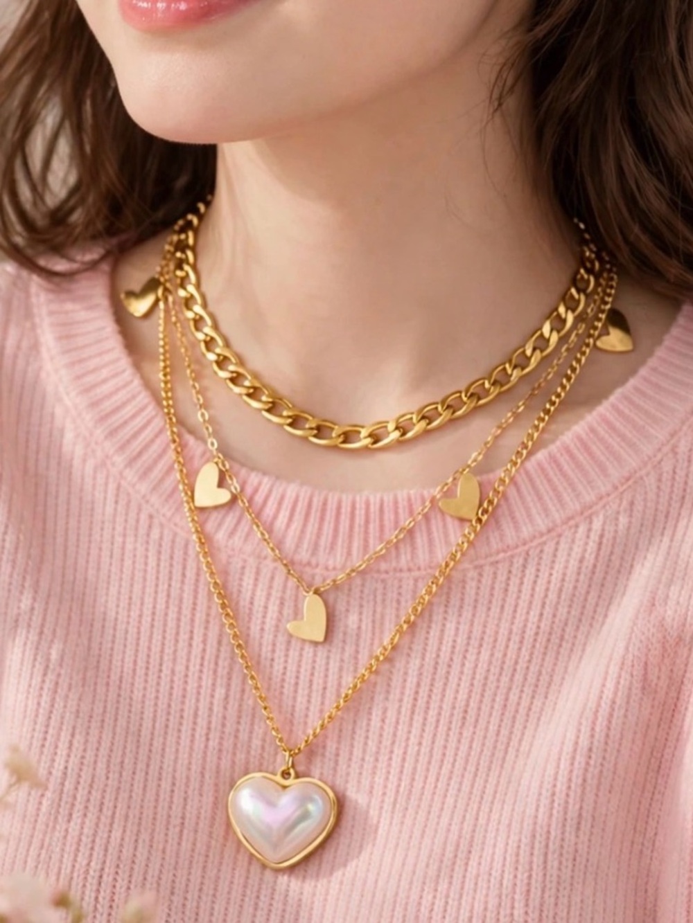 Gold Layered Heart Necklace with Pink Heart Pendant